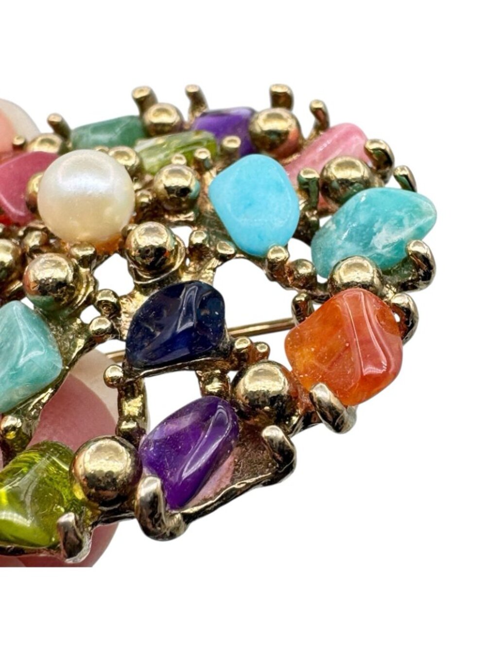 Vintage Multicolor Gemstone Chip Cluster Brooch 70s BOHO Gold Tone Cast Setting - Picture 5 of 16